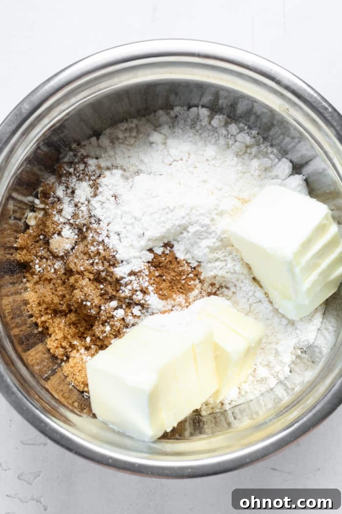 Cold butter cubes and dry topping ingredients in a mixing bowl.