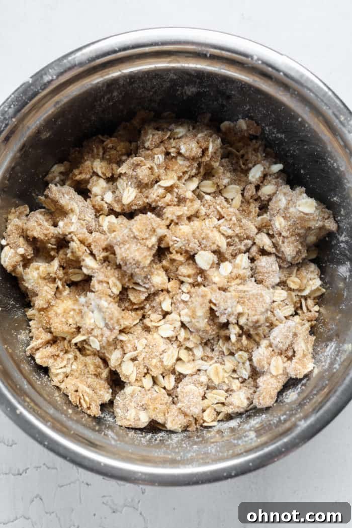 Perfectly crumbly oat topping mixture in a bowl, ready to be spread.