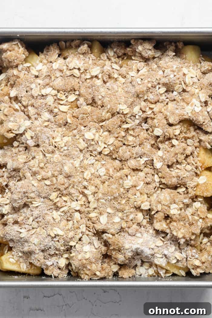 Unbaked apple crisp with crumbly topping spread over the apple layer in the pan.