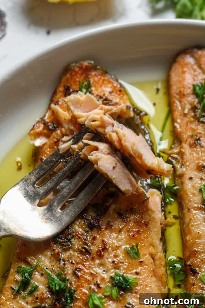 A perfectly cooked, flaky trout fillet on a plate with a fork, showing its tender texture.