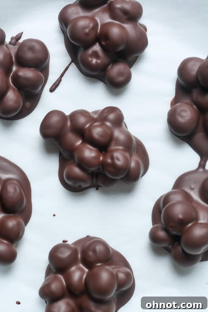 Chilled and hardened chocolate blueberry clusters on parchment paper, ready to be served.