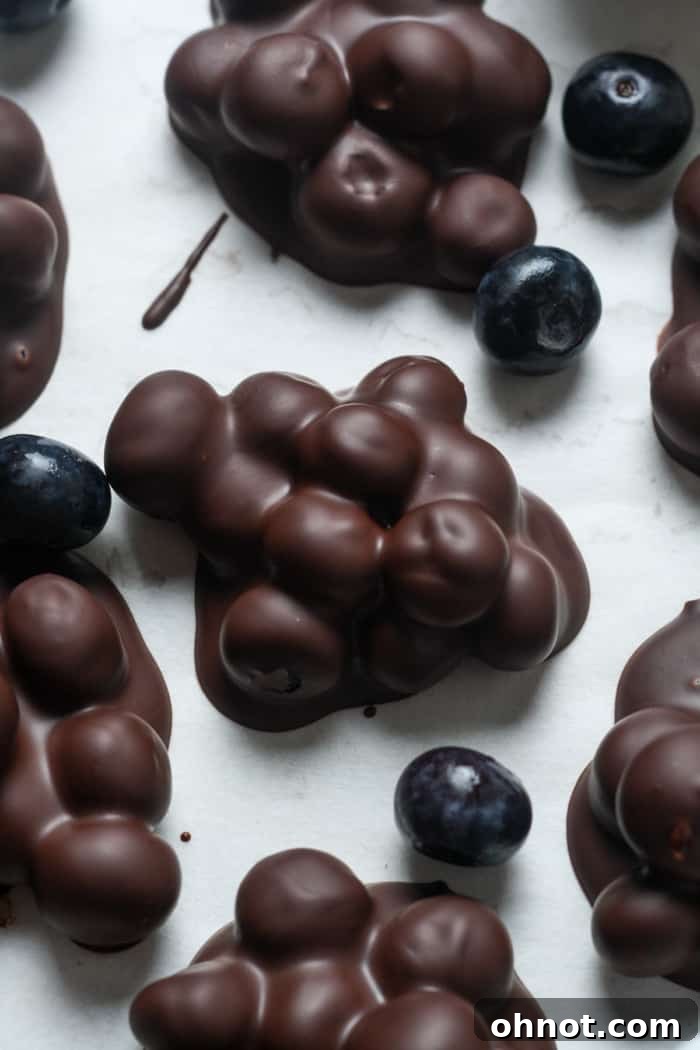 A beautiful arrangement of chilled chocolate covered blueberry clusters on a plate, ready for guests.
