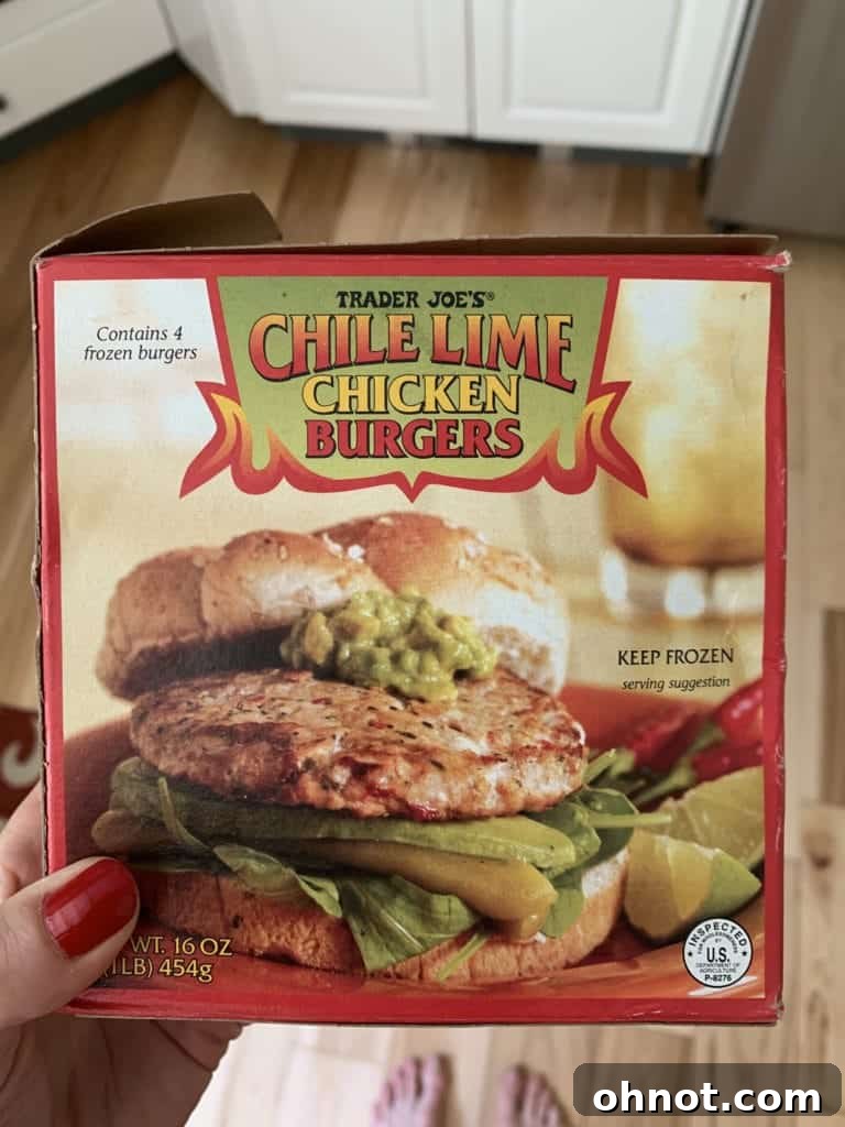 Trader Joe's Chili Lime Chicken Burgers, a quick and spicy Whole30 meal option.