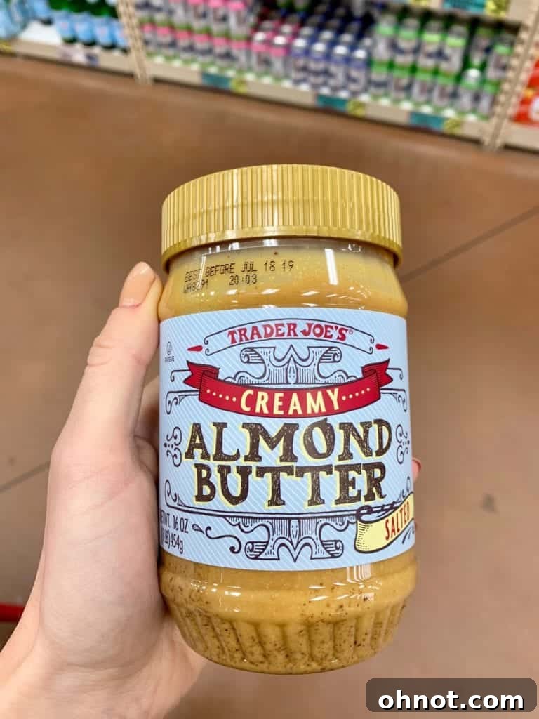 Trader Joe's Creamy Almond Butter, a Whole30 compliant spread.