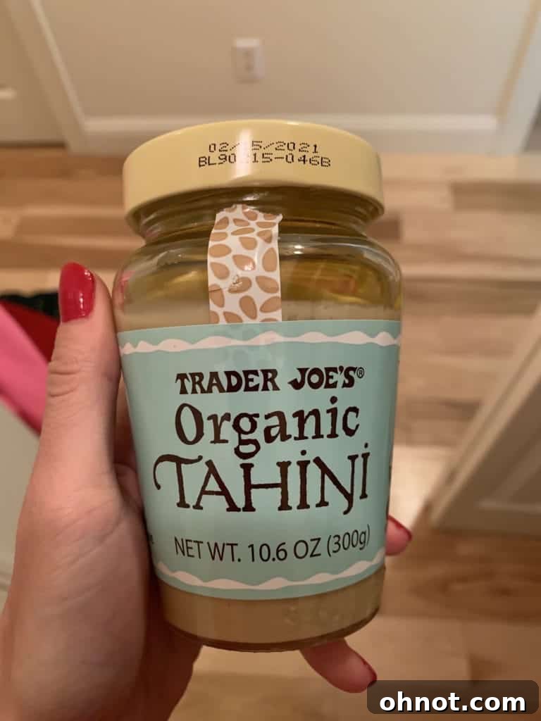 Trader Joe's Organic Tahini, a Whole30 compliant condiment and ingredient.