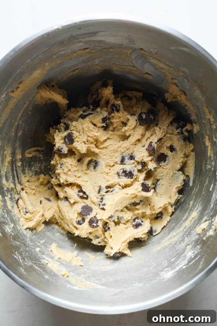 Mixing bowl filled with gluten-free chocolate chip cookie dough.