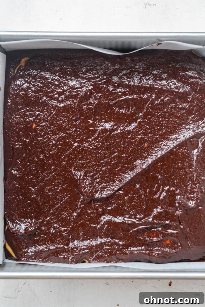 Creamy brownie batter in pan.