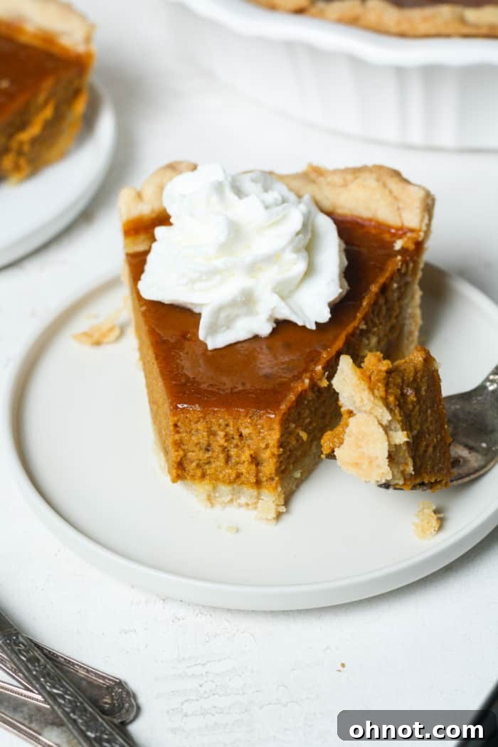 A slice of gluten free pumpkin pie on a plate, garnished with whipped cream, perfect for a Thanksgiving dessert.