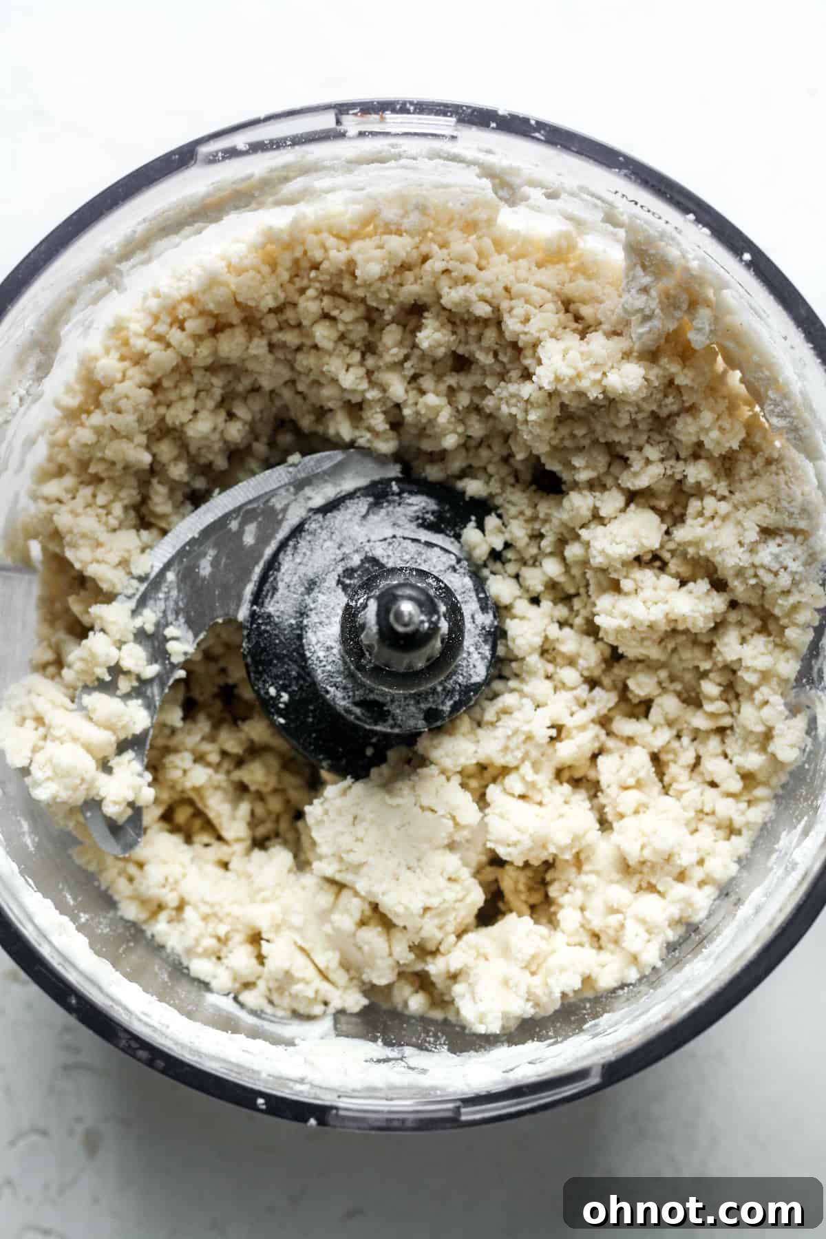 Crumbly pie dough mixture in a food processor bowl, showing the texture after butter and water have been pulsed in.