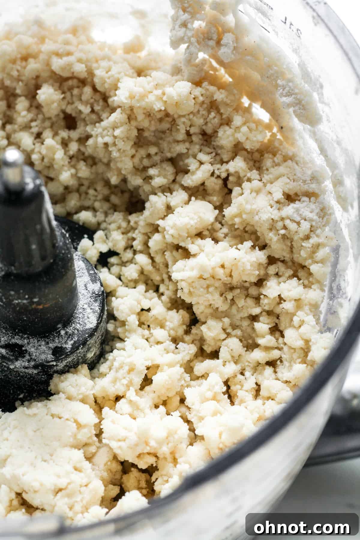 Close-up of raw pie dough, showcasing its slightly crumbly yet cohesive texture.