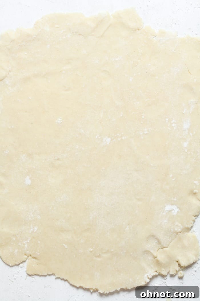 Rolled out pie dough on a floured surface, flattened to an even thickness.