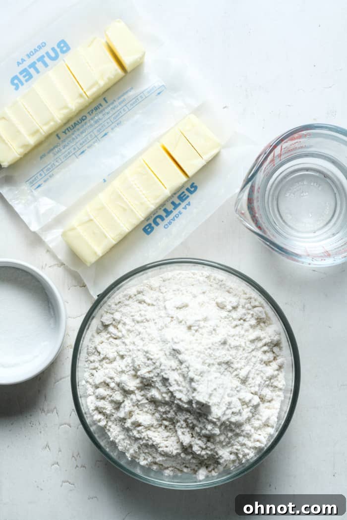The essential ingredients: butter, gluten-free flour, and water, ready for mixing.