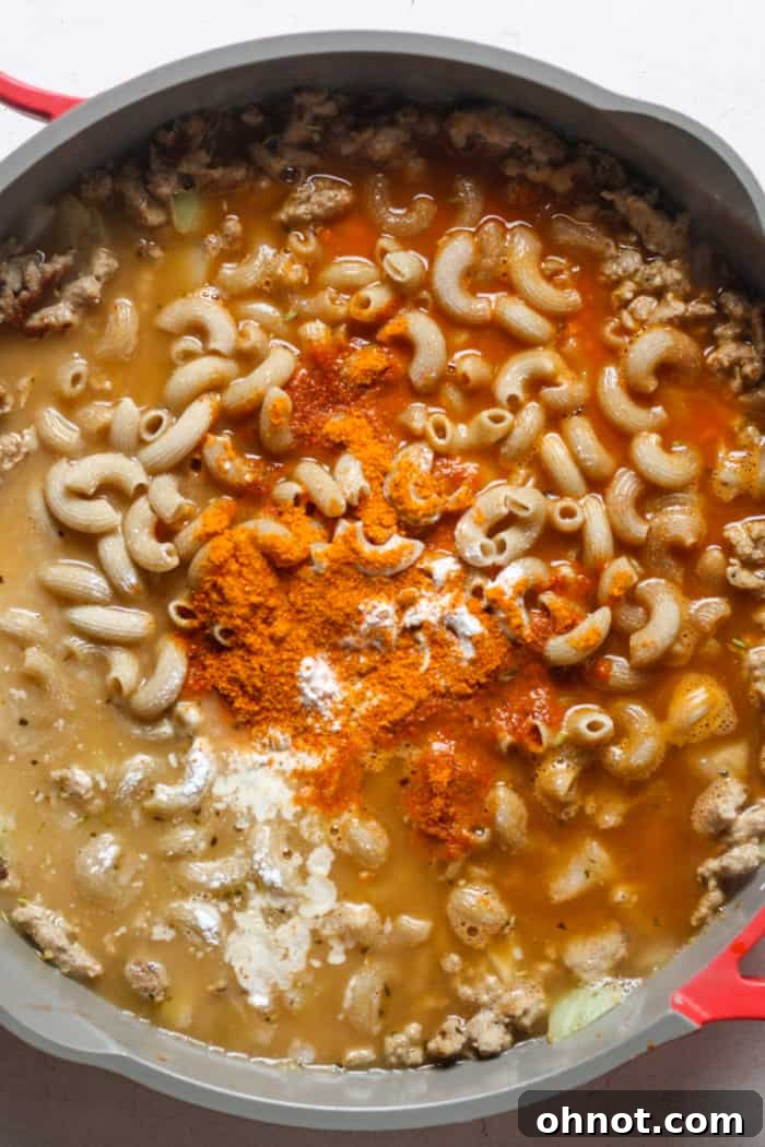 All ingredients, including uncooked pasta and seasonings, combined in a skillet before cooking, ready to be stirred for the Healthy Hamburger Helper.