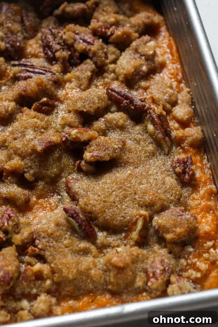 Freshly baked sweet potato casserole with a golden, bubbly topping coming out of the oven.