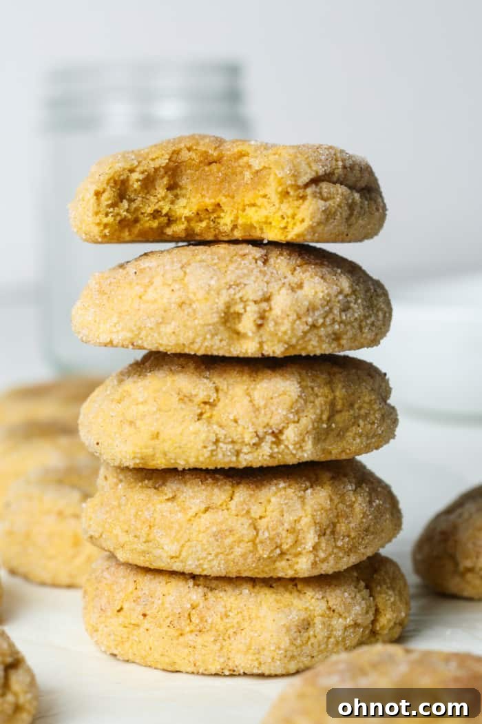 A tall, inviting stack of perfectly baked pumpkin snickerdoodles, showcasing their soft texture and sugary coating.