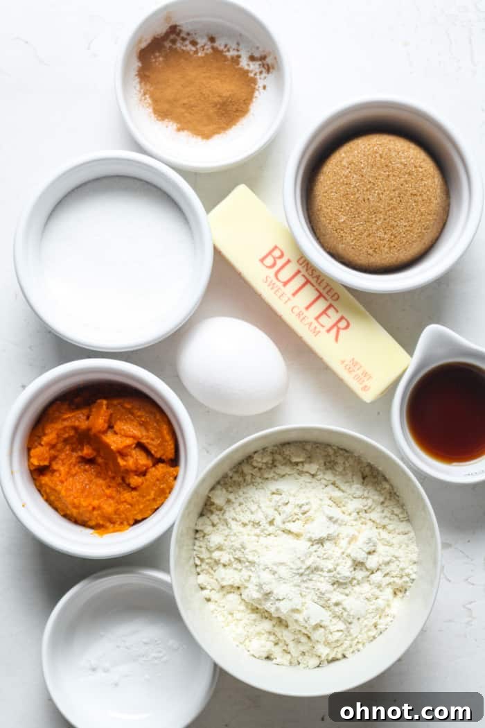 Pumpkin, butter, and various baking ingredients laid out on a kitchen counter, ready for making snickerdoodles.