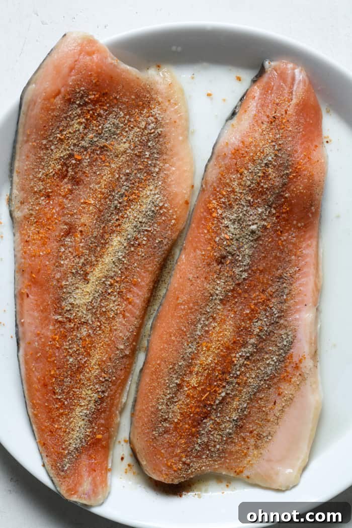 Rainbow trout fillets seasoned with spices on a plate.