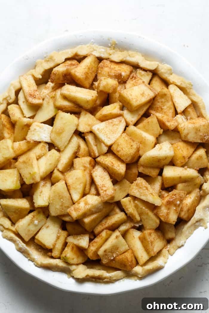 Spiced apple filling neatly arranged inside the pie crust.