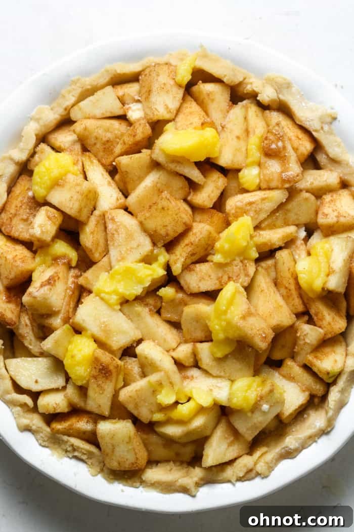 Apple pie filling topped with cubed butter before baking.