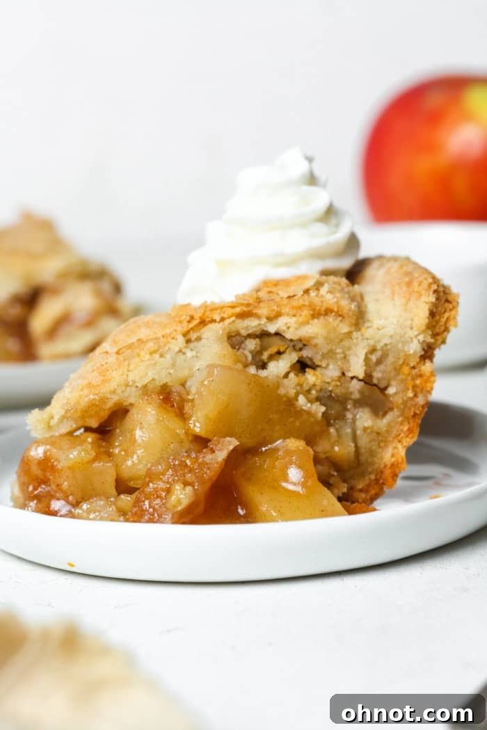 A perfect slice of gluten-free apple pie topped with whipped cream.