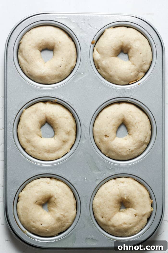 Freshly baked vegan donuts still in the pan, showing their puffed and golden appearance.