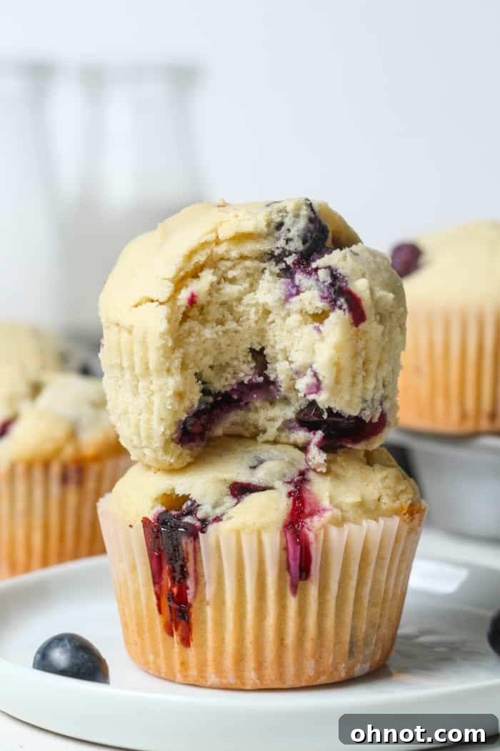 A stack of golden-brown gluten-free blueberry muffins, showing their fluffy texture and delicious toppings.