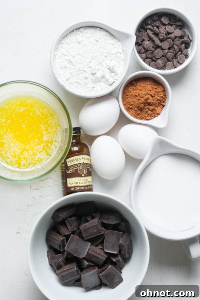 Assortment of high-quality dark chocolate and other essential brownie ingredients.