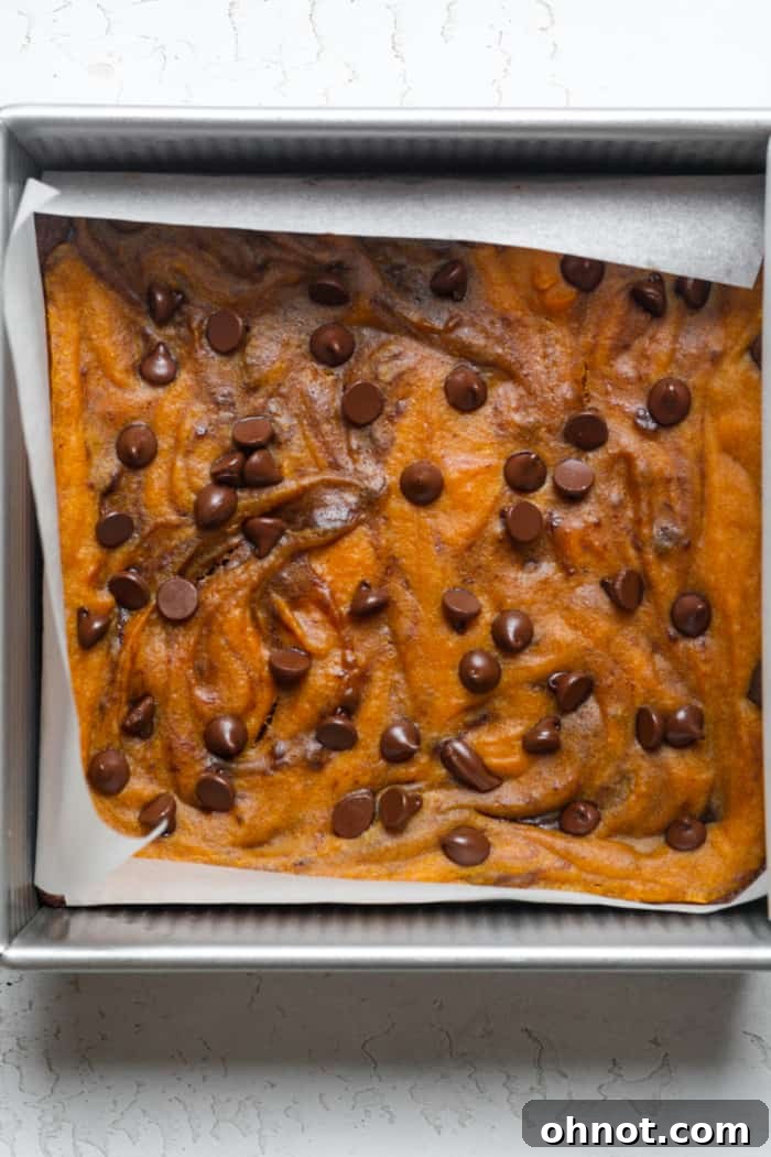 Freshly baked pumpkin brownies, golden brown and perfectly set.