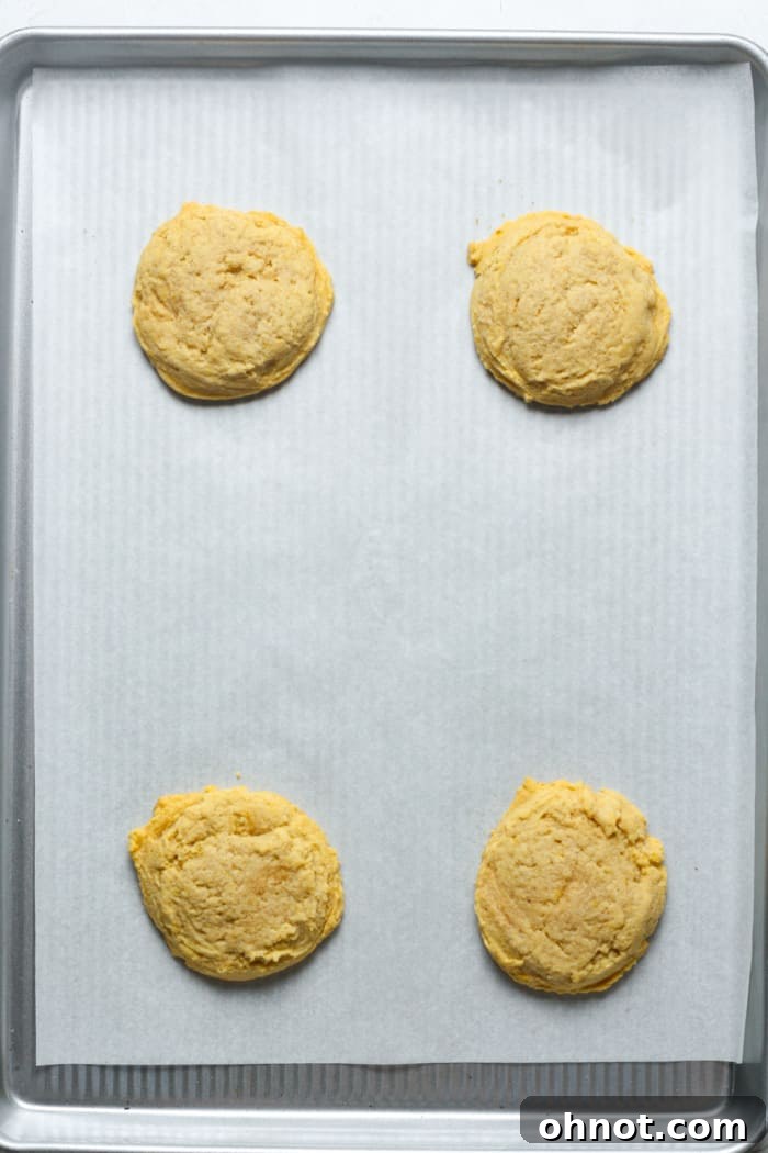 A baking sheet with freshly baked pumpkin cookies, slightly golden at the edges.