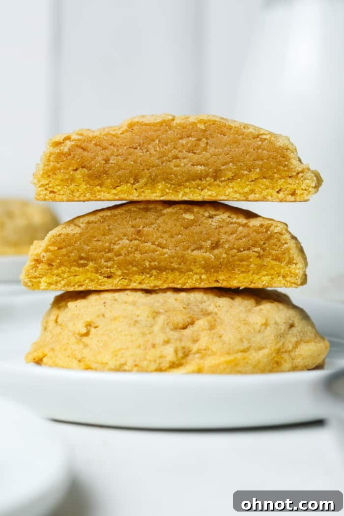A close-up of gooey orange pumpkin cookies on a cooling rack.