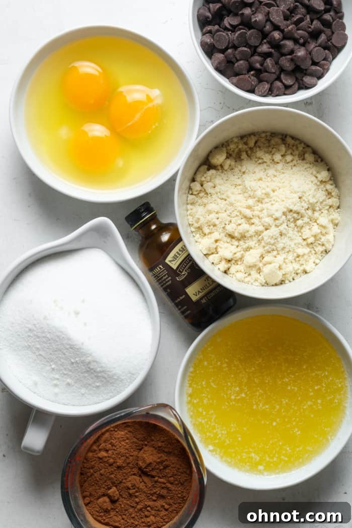 Essential baking ingredients for almond flour brownies laid out on a surface, including eggs, almond flour, cocoa powder, and chocolate chips, ready for mixing.