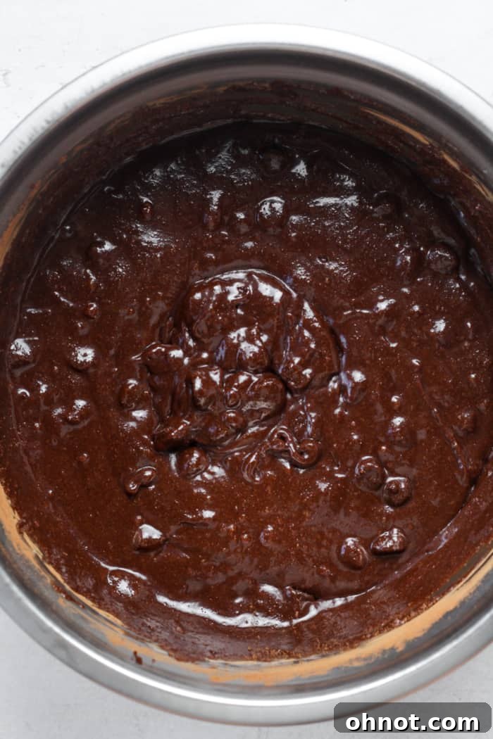 Thick, grain-free brownie batter, studded with chocolate chips, being folded in a bowl, showcasing its readiness for baking into delicious treats.