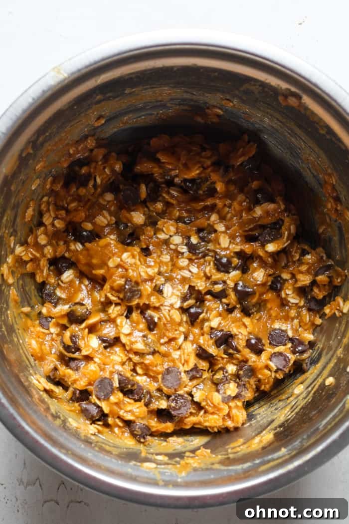 Chocolate chip oatmeal cookie dough ready for baking.