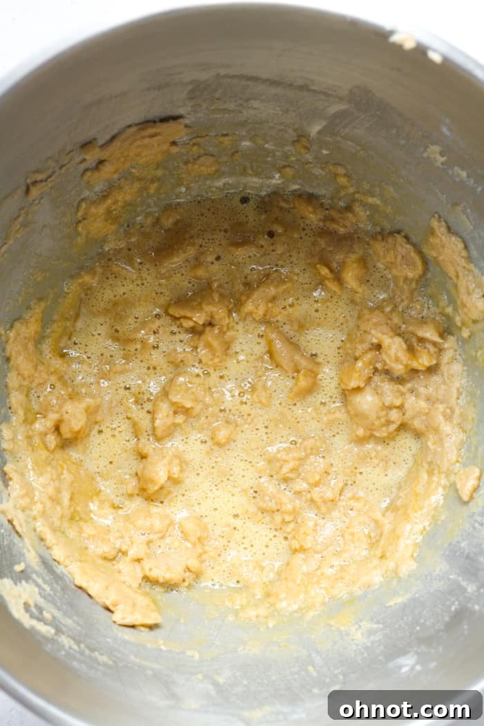Eggs and vanilla extract added to the creamed butter and sugar mixture.