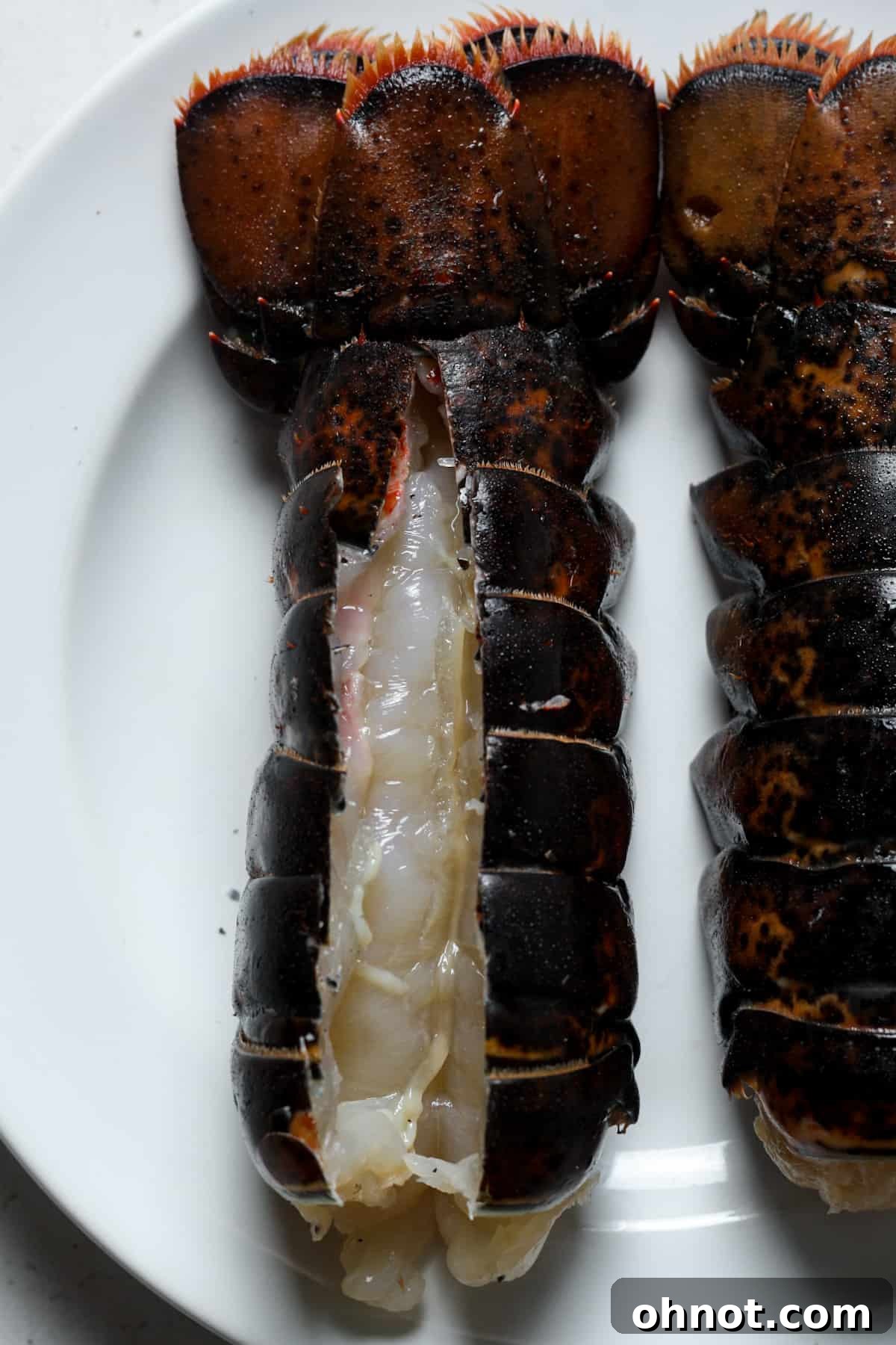 A lobster tail with its shell sliced open