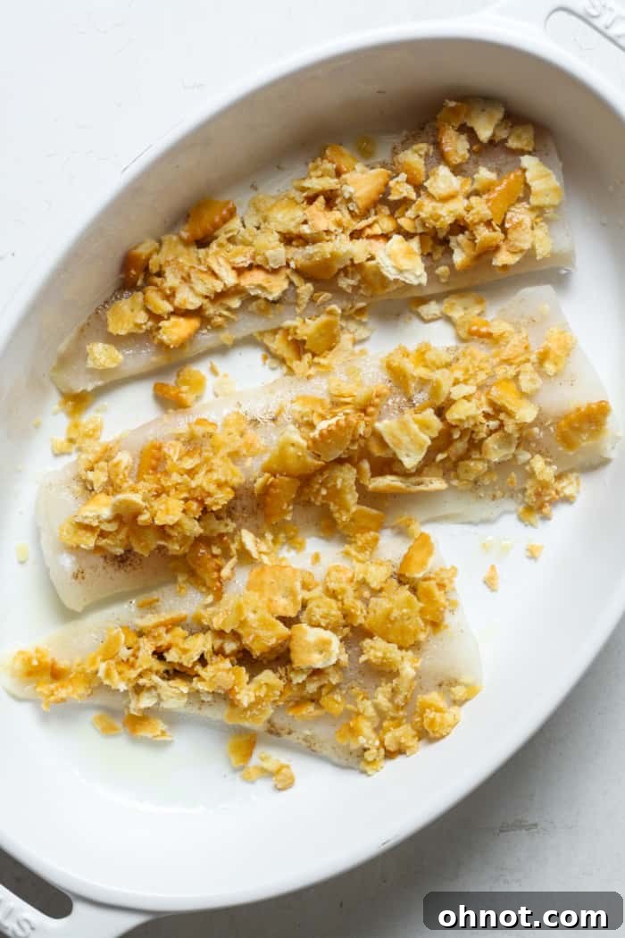 Haddock fillets topped with a generous layer of cracker crumbs.