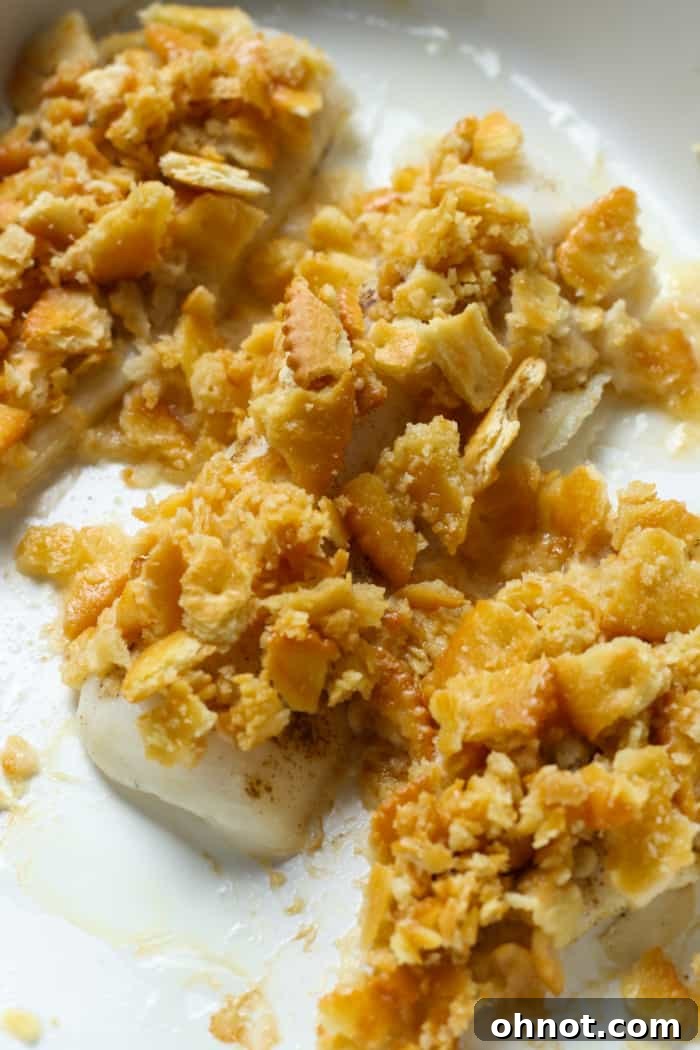 Baked haddock fresh from the oven, with a crispy topping.