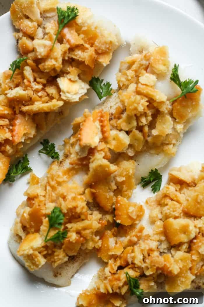Crispy cracker topping on a baked haddock fillet.