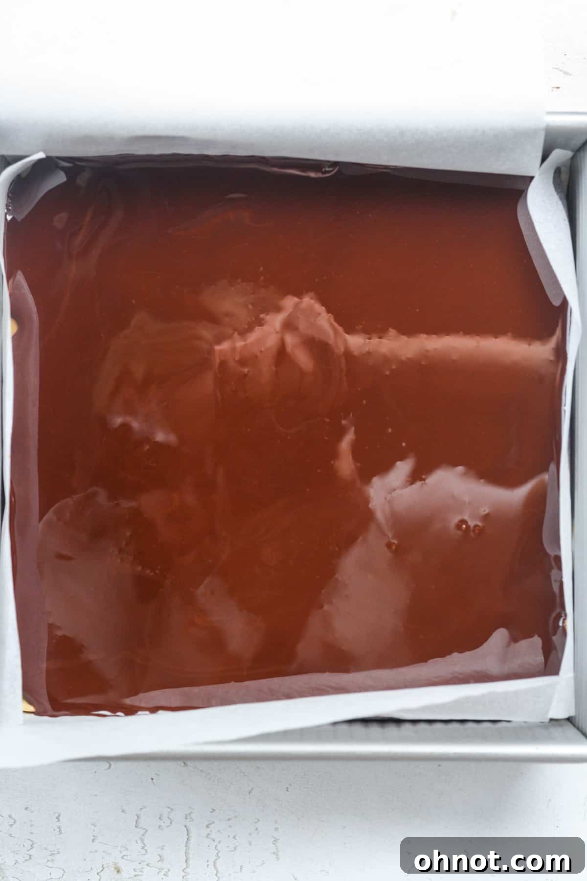 Melted chocolate in pan.