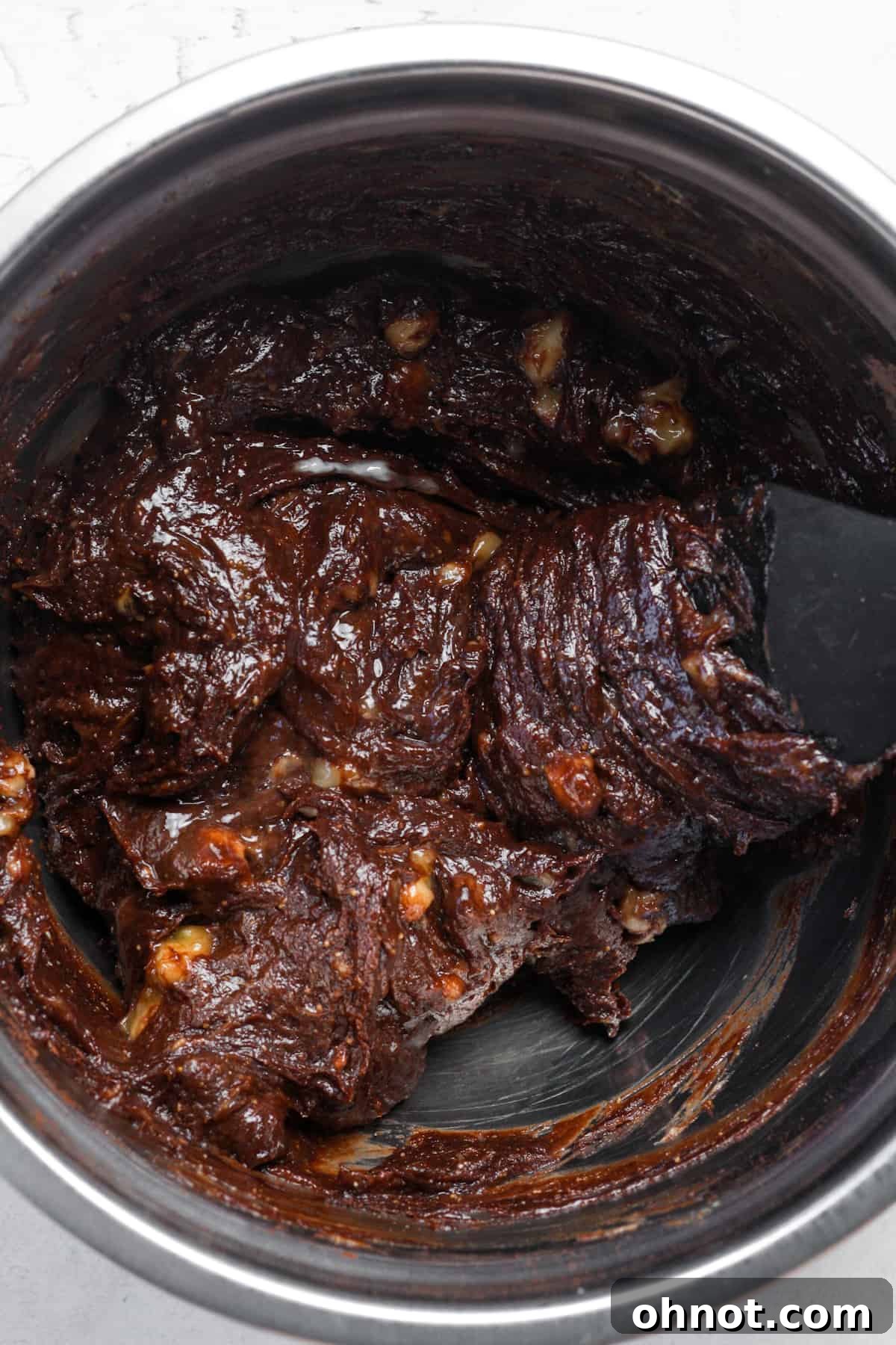 Thick, chocolate banana brownie batter ready for the next step.