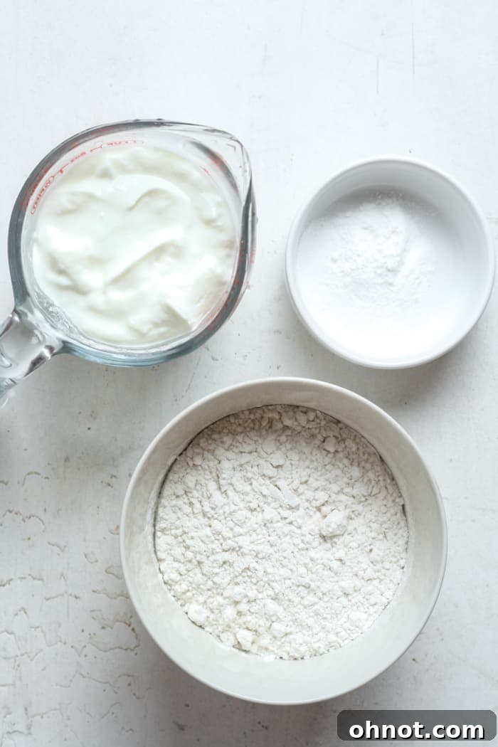 Close-up shot of the simple ingredients: gluten-free flour, Greek yogurt, and baking powder, ready for mixing.