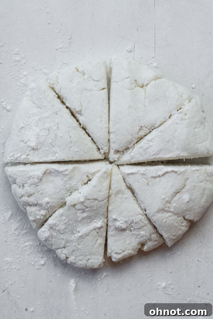 The dough disc sliced into 8 equal portions.