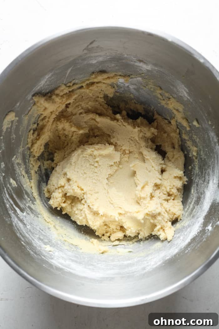 Thick sugar cookie dough, perfectly mixed and ready for shaping.