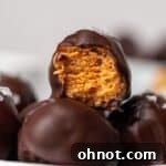 A top-down view of a completed Paleo Chocolate Covered Almond Butter Ball, with a rich dark chocolate coating.