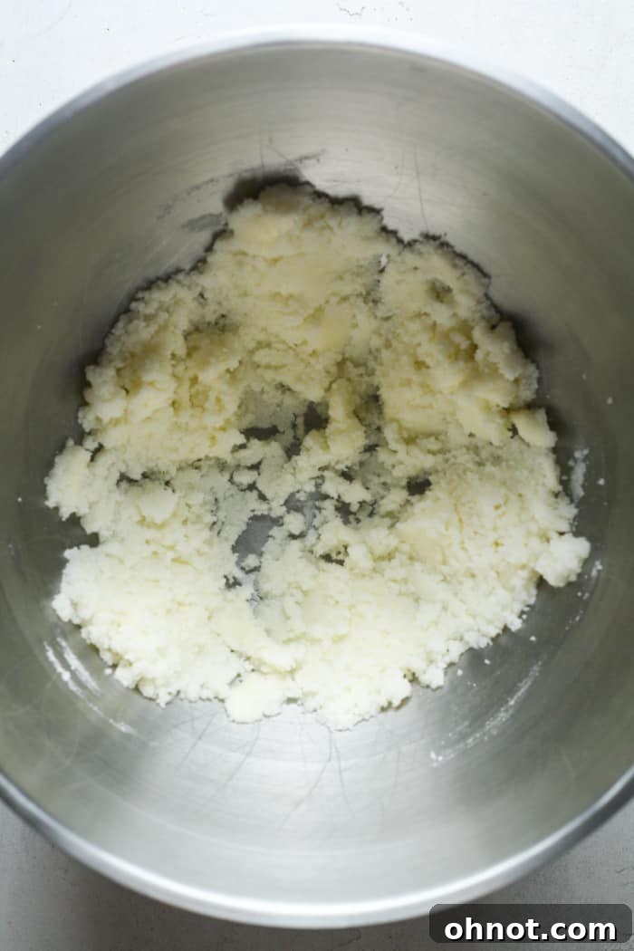 White, fluffy butter and sugar mixture in a stand mixer bowl.