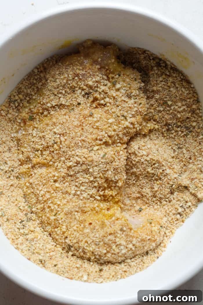 Breadcrumbs in a bowl, ready for coating chicken to make schnitzel.