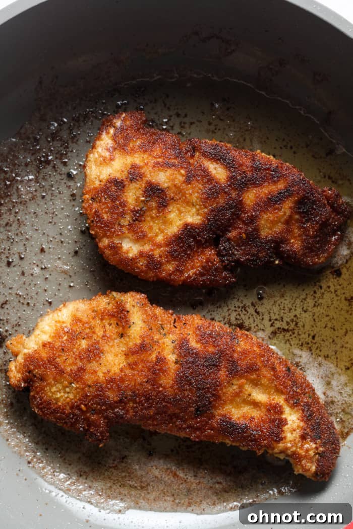 A perfectly cooked, crispy fried chicken schnitzel, golden brown and ready to serve.