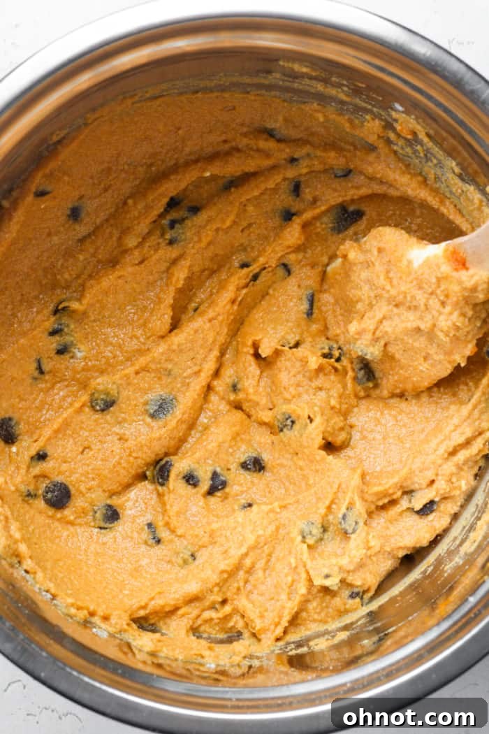 Pumpkin batter with sugar-free chocolate chips folded in, ready for baking.