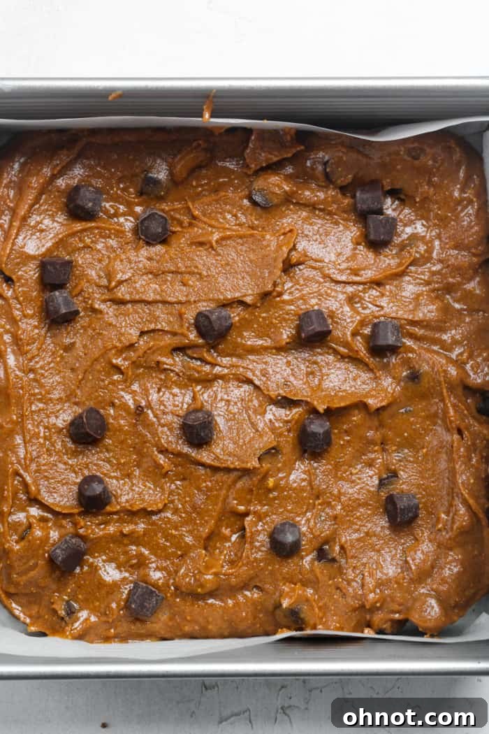 Chocolate chip studded protein brownie batter in the baking pan.