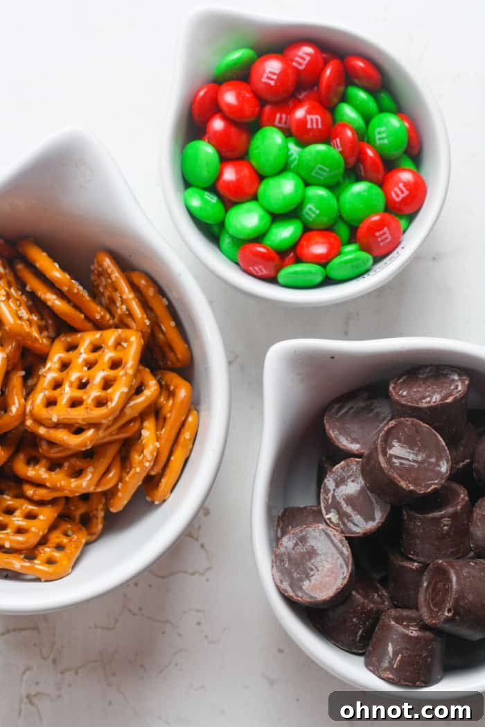 Assortment of pretzels and candy ingredients.